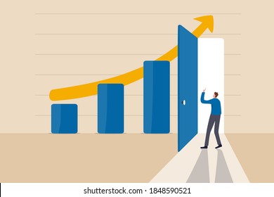 Business Success Secret, Idea To Growing Business And Achieve Target Concept, Smart Businessman Open The Door On High Profit Bar Graph And Rising Arrow Chart To Enter And See How To Improve.