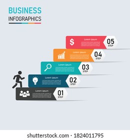 Infografiken zum Geschäftserfolg-Treppenhaus. 5 Stufen Business-Mann auf Erfolg. Kann für das Workflow-Layout, Diagramm, Optionen, Web-Design verwendet werden. Vektorgrafik in flachem, modernem Design.