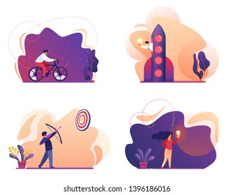 Business Success, Start Up, Bicycle Riding, Idea Icon Set Isolated On White Background. Archery Shooting With Bow To Target, Man Fly On Rocket, Girl With Light Bulb. Cartoon Flat Vector Illustration