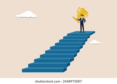 Business success, step to achieve career success, business growth, climbing the stairs to achieve goals, businessman achieves victory trophy.