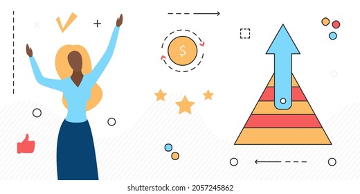 Business success strategy, businesswoman with growing arrow, new opportunity vector illustration. Cartoon progress in challenge, career growth isolated on white