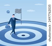 Business success or strategy, concept. Ambitions businessman with finish flag walks straight to the center of target. Completing task, achieving goals, successfully completing work. flat vector