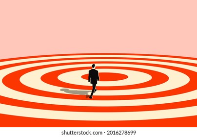 Business success or business strategy concept with businessman silhouette walks the target straight to the center of the target. Conceptual minimalist vector illustration