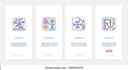 Business success strategy concept vector illustration. UX, UI onboarding mobile app page screen set with line successful mission statement, management planning, business stability abstract symbols