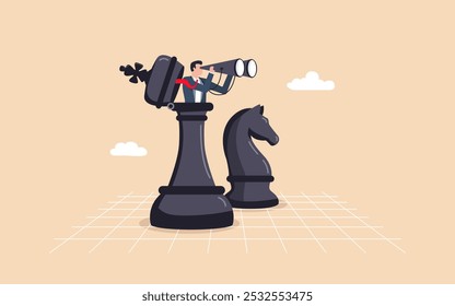 Business success strategy and leadership vision, plan ahead to win, analyze competitors, forecast opportunities, and make strategic decisions with chess game metaphor for future growth and planning.