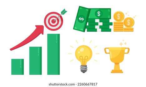 business success strategy target. icon of business, money, idea and trophy. Go to target concept.