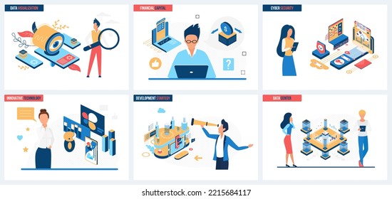 Business success strategy with using future technology and innovation set vector illustration. Cartoon people develop company, leadership concept for banner, website design or landing web page
