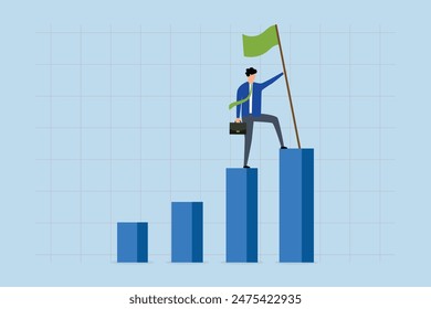 business success, successful businessman climbs to top of growth bar chart to punch the winner flag.