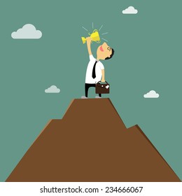Business success, successful businessman winner  lifts trophy on top of the mountain peak, vector illustration.