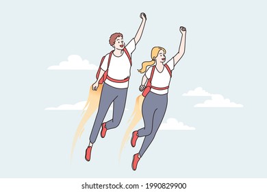 Business success and super power concept. Young smiling positive businessman and woman colleagues in superman attributes flying high reaching business goal together vector illustration 