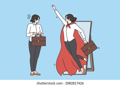 Business Success And Superpower Concept. Young Business Woman With Case Standing Looking At Mirror And Seeing Hero Super Woman Wearing Red Cape Flying Up Vector Illustration 