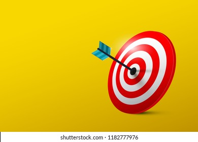 Business Success Symbol With Target On Yellow Background. Vector Red And Blue Bullseye With Dart In Center.