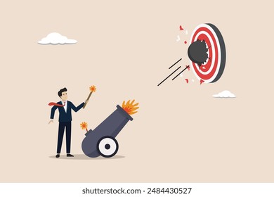 Business success target, business success goal, achievement or business target concept, businessman firing cannon to achieve success target.