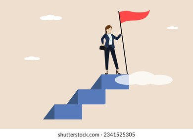 Business success, business target or business goal, business woman standing at the edge of success ladder and holding success flag.