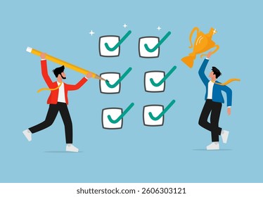Business Success and Task Completion Concept. Employees Achieving Goals, Marking Checklists, and Celebrating Productivity with a Trophy for Outstanding Performance and Teamwork