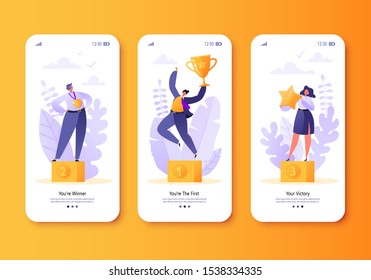 Business, success, teamwork, achievemen, career сoncept for mobile app page, screen set. Men and women celebrating victory. Happy business people standing on the winner podium with awards. 