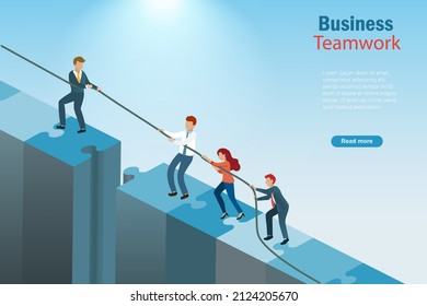 Business success teamwork, collaboration, partnerships, and problem solving strategy. Businessman leader pull rope help partners to success target on jigsaw puzzle pathway.