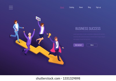 Business success. Teamwork success, financial prosperity, successful business motivation of team to career growth, achievement of common goal, leadership, development in work. Isometric vector.