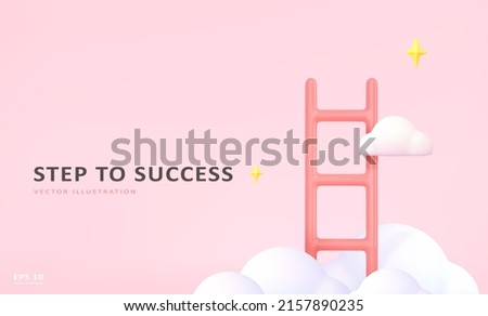 Business success template .3d render ladder, clouds and stars .Stairway to heaven icon. Reach, dream, creative, growth concept. Vector cartoon illustration.
