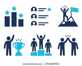 Business success themed element pack, minimalist flat, performance ranking, user feedback, mountain climbing, trophy achievement, and teamwork