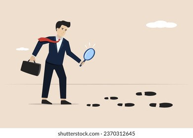 Business success trail, career path or job skills development concept, smart businessman using magnifying glass investigating bigger steps. Illustration of a successful businessman.