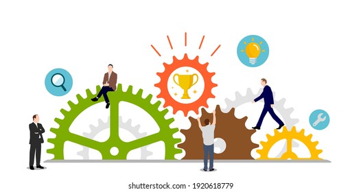 Ilustración vectorial del concepto de éxito empresarial ( trofeo ). Rueda de engranaje y gente.