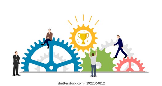 Business success ( trophy ) concept vector illustration. Gear wheel and people.
