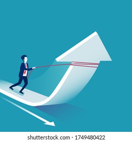 Business success vector concept: Businessman pulls the strings trying to make the chart goes up