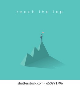 Business success vector concept with businessman standing on top of mountain with flag. Eps10 vector illustration.