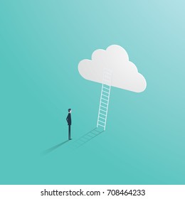 Business success vector concept with businessman standing in front of ladder leading up to the cloud. Symbol of career opportunity, corporate ladder and growth. Eps10 vector illustration.