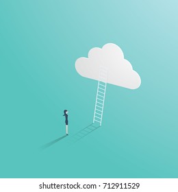 Business success vector concept with businessman standing in front of ladder leading up to the cloud. Symbol of career opportunity, ambition, corporate ladder and growth. Eps10 vector illustration.