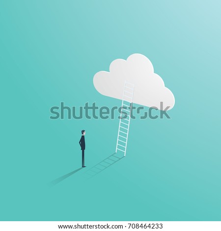 Business success vector concept with businessman standing in front of ladder leading up to the cloud. Symbol of career opportunity, corporate ladder and growth. Eps10 vector illustration.