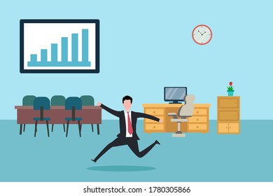 Business success vector concept: Happy successful businessman dancing in the office