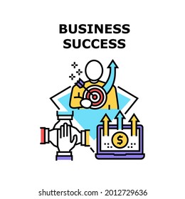 Business Success Vector Icon Concept. Business Success Goal Achievement And Earning Money In Internet Online, Coworking And Teamwork In Company. Businessman Success Work Color Illustration