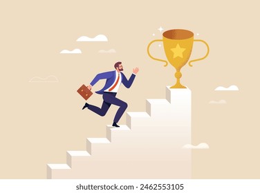 Business success. Vector illustration of a man in a business suit running up the stairs to the victory cup. Isolated on an abstract background.