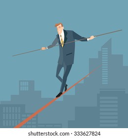 Business success. Vector illustration of a man walking on a tight belt over the big city