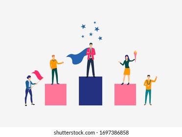Business success vector illustration. People standing on podium, people supporting them. Business result concept.Vector illustration can be used for topics like competition, achievement, success