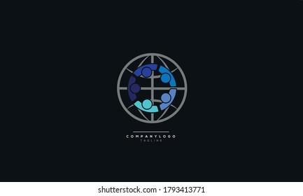 Concepto de logotipo vectorial de éxito empresarial. Ilustración con silueta de personas y símbolo del globo. Este logotipo podría utilizarse para empresas y servicios exitosos, redes sociales, asociaciones, trabajo en equipo