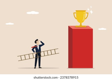 Business success, victory in sight, looking for solutions for business success, final step of successful business, smart businessman carrying ladder up the graph to get the winning trophy.