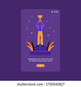 Business success and victory UX mobile slider flat vector template. Succesful businessman holding a winner cup.