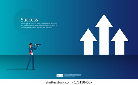 business success vision illustration concept with arrow up graphic and businessman character for financial, vision vector background. Return on investment ROI chart increase profit.