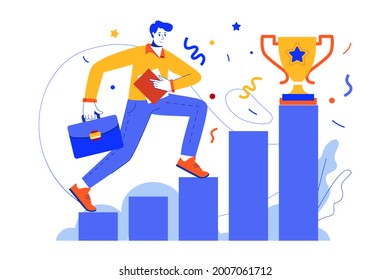 Business success web concept. Businessman achieves career goals, leadership, progress and development. Vector illustration in minimal flat design for blog, app design, onboarding screen, social media