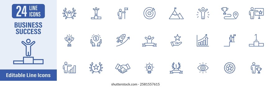 Business Success web icons in line style. Business success, success, business growth, success, goal, career growth, achievement, trophy, medal, award and more. Vector illustration.