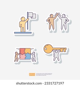 business success winner, teamwork partner high five, puzzle team, businessman hold key solution. sticker icon set. Team work vector illustration