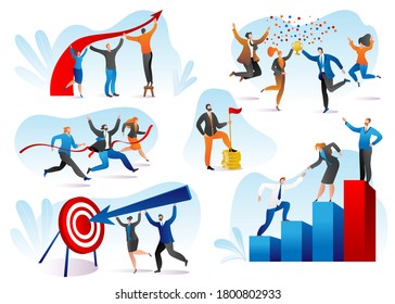 Business success and winning concept, progress, achievement, growth set of vector illustrations. Happy successful business team in office. Corporate partnership, financial profit.