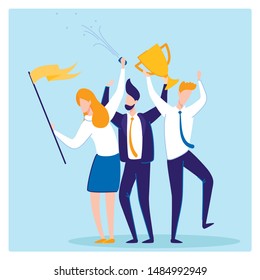 Business Success, Woman and Men Workers Flat Cartoon Banner Vector illustration. People Holding Trophy and Confetti for Successful Projects, Reaching Goal, Winning Competition. Teamwork in Company.