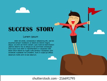 Business Success,business Woman Success On Top Of Mountain,vector Illustration