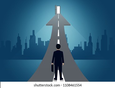 Business Successful concept. Businessman walks on the street and goes to door. vector illustration
