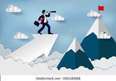 Business Successful concept. businessmen standing on a arrow  to looking with the telescope growth modern ideas And to achieve higher. Cartoon, illustration of cloud and mountain. paper art