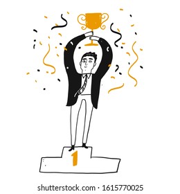 Business Successful Man Is Holding A Trophy To The Winner Of The Race, Vector Illustration In Sketch Doodle Style.